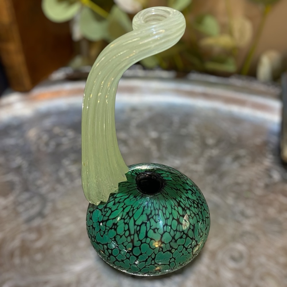 Vintage Signed 1997 Rogers Glass Works Artist K Rogers Green Art Glass Bud Vase